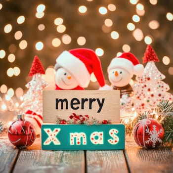 Holiday decorations featuring cheerful snowmen a festive sign and colorful ornaments creating a joyful Christmas ambiance.