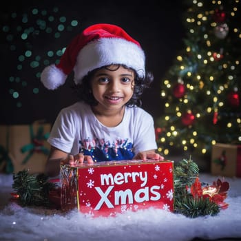 A smiling child wearing a Santa hat holds a red Merry Christmas box surrounded by decorations and a twinkling tree.