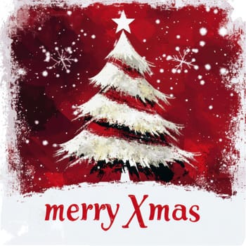 A beautifully decorated Christmas tree stands against a red snowy background with cheerful greetings for the holiday season.