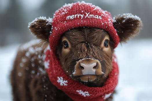 A young calf stands in a snowy field adorned with a festive red hat and scarf bringing holiday cheer to the winter landscape.