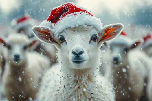 A charming young lamb donned in a festive Santa hat stands amidst a snowy landscape surrounded by fellow sheep during winter.
