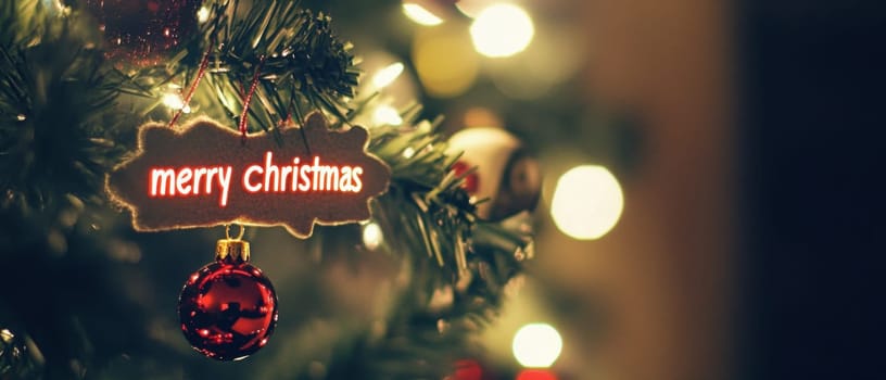 A Christmas tree adorned with lights featuring a festive ornament and a sign that wishes everyone a Merry Christmas.