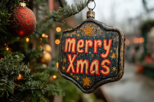 A colorful Merry Xmas sign hangs amidst holiday decorations and warm lights capturing the spirit of the festive season in a cozy setting.