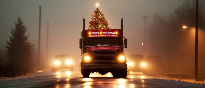 A large truck adorned with a Christmas tree and lights travels along a winding road under foggy conditions creating a holiday atmosphere.