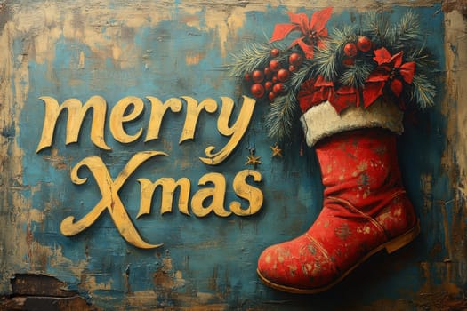 A vibrant red boot adorned with green foliage and berries showcases a joyful Merry Xmas greeting against a textured background.