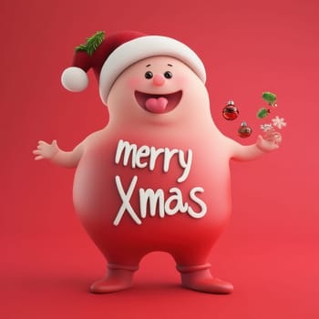 A cheerful character wearing a Santa hat joyfully greets with decorations and a festive message for the Christmas season.
