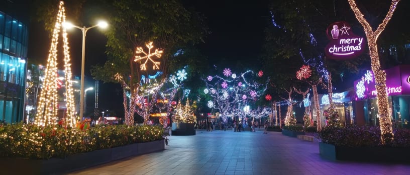 Colorful lights create a cheerful atmosphere along the street celebrating the Christmas season with decorations and lively crowds.
