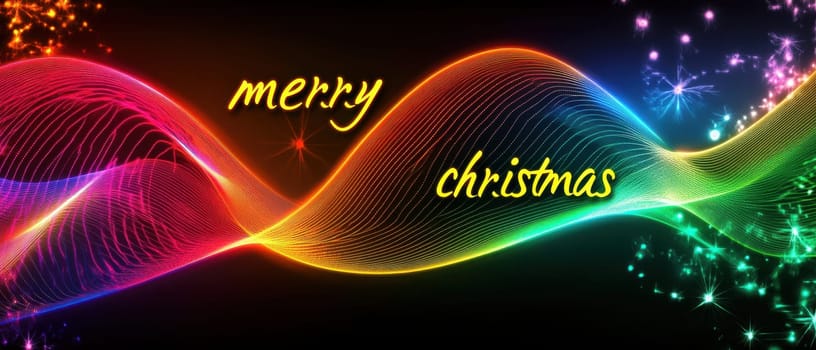 A vibrant and colorful abstract design conveys a cheerful Merry Christmas message with flowing lines and sparkling effects.