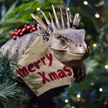 A unique reptile adorned with a merry Xmas sign surrounded by festive foliage and holiday decorations for a cheerful celebration.