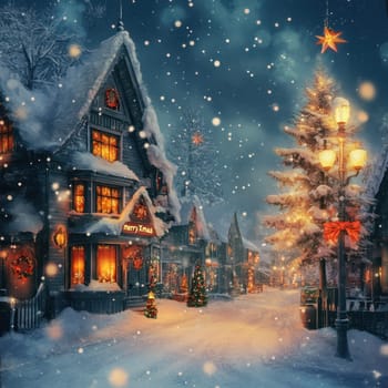 A quaint village street blanketed in snow features charming houses with holiday lights and a magical atmosphere under falling snowflakes.