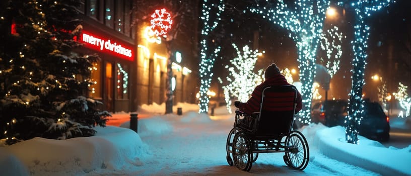 A person in a wheelchair enjoys a winter evening surrounded by sparkling holiday decorations and soft snowfall in a festive urban setting.