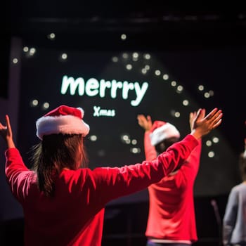 Participants wearing Santa hats joyfully celebrate Christmas while raising their hands in excitement during a festive evening event.