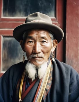 A traditional elderly Tibetan man 70 years old with a distinct features poses against a rustic background, reflecting his rich cultural identity and heritage. Wise serious direct gaze. Generative AI.