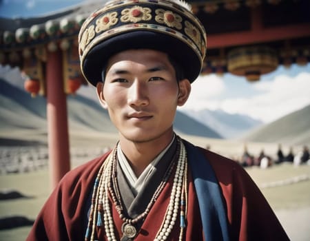 In a stunning setting of Tibet, a young man dressed in traditional clothing adorned with intricate jewelry looks confidently at the viewer, framed by majestic mountains. Generative AI.