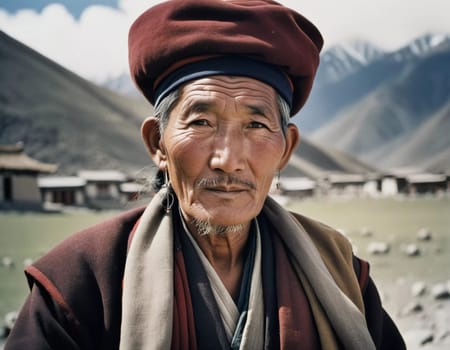 A traditional elderly Tibetan man 70 years old with a distinct features poses against a rustic background, reflecting his rich cultural identity and heritage. Wise serious direct gaze. Generative AI.