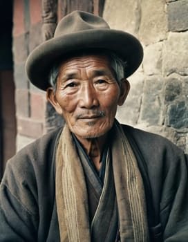 A traditional elderly Tibetan man 70 years old with a distinct features poses against a rustic background, reflecting his rich cultural identity and heritage. Wise serious direct gaze. Generative AI.