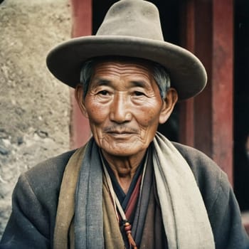 A traditional elderly Tibetan man 70 years old with a distinct features poses against a rustic background, reflecting his rich cultural identity and heritage. Wise serious direct gaze. Generative AI.