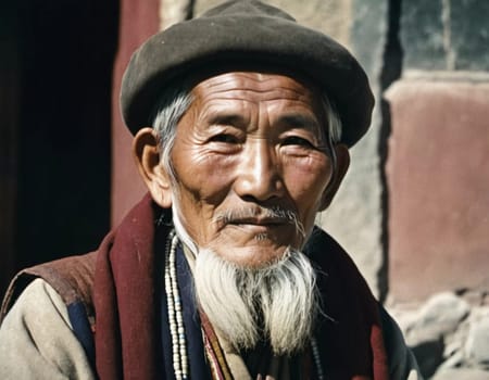 A traditional elderly Tibetan man 70 years old with a distinct features poses against a rustic background, reflecting his rich cultural identity and heritage. Wise serious direct gaze. Generative AI.