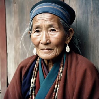 A Tibetan elderly woman 70 years old in traditional garments gazes warmly, showcasing wisdom and resilience against a backdrop of aged wood and rustic colors that reflect her heritage. Generative AI.
