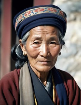 A Tibetan elderly woman 70 years old in traditional garments gazes warmly, showcasing wisdom and resilience against a backdrop of aged wood and rustic colors that reflect her heritage. Generative AI.