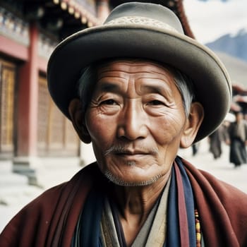 A traditional elderly Tibetan man 70 years old with a distinct features poses against a rustic background, reflecting his rich cultural identity and heritage. Wise serious direct gaze. Generative AI.