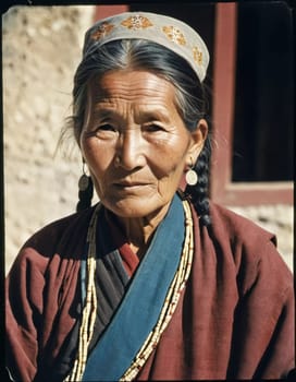 A Tibetan elderly woman 70 years old in traditional garments gazes warmly, showcasing wisdom and resilience against a backdrop of aged wood and rustic colors that reflect her heritage. Generative AI.