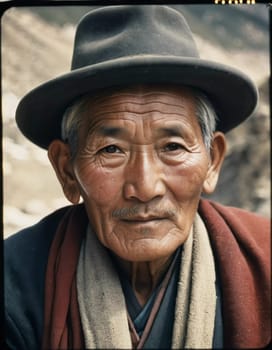 A traditional elderly Tibetan man 70 years old with a distinct features poses against a rustic background, reflecting his rich cultural identity and heritage. Wise serious direct gaze. Generative AI.