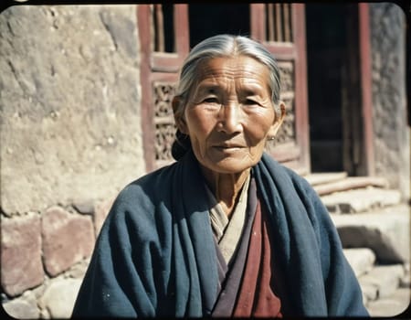 A Tibetan elderly woman 70 years old in traditional garments gazes warmly, showcasing wisdom and resilience against a backdrop of aged wood and rustic colors that reflect her heritage. Generative AI.