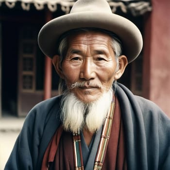 A traditional elderly Tibetan man 70 years old with a distinct features poses against a rustic background, reflecting his rich cultural identity and heritage. Wise serious direct gaze. Generative AI.