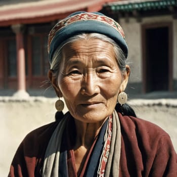 A Tibetan elderly woman 70 years old in traditional garments gazes warmly, showcasing wisdom and resilience against a backdrop of aged wood and rustic colors that reflect her heritage. Generative AI.