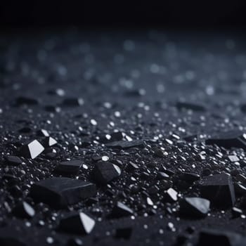Intricate patterns of dark granite chips, illuminated by subtle lighting that creates a calm and elegant atmosphere. The black crushed mineral sparkles. Bokeh or drops. Generative AI.