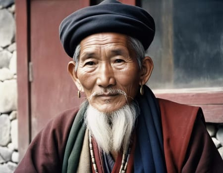 A traditional elderly Tibetan man 70 years old with a distinct features poses against a rustic background, reflecting his rich cultural identity and heritage. Wise serious direct gaze. Generative AI.