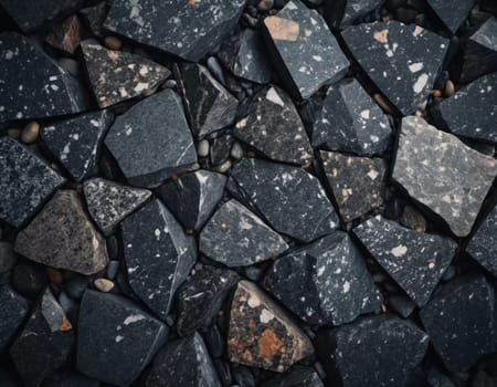Intricate patterns of dark granite chips, illuminated by subtle lighting that creates a calm and elegant atmosphere. The black crushed mineral sparkles. Bokeh or drops. Generative AI.