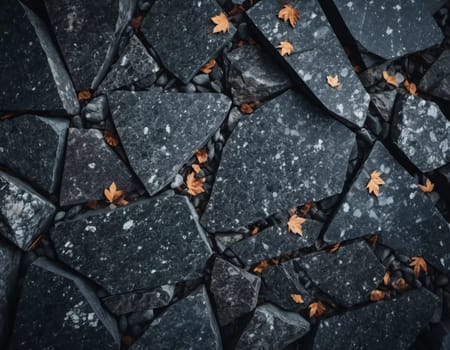 Intricate patterns of dark granite chips, illuminated by subtle lighting that creates a calm and elegant atmosphere. The black crushed mineral sparkles. Bokeh or drops. Generative AI.