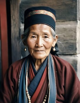 A Tibetan elderly woman 70 years old in traditional garments gazes warmly, showcasing wisdom and resilience against a backdrop of aged wood and rustic colors that reflect her heritage. Generative AI.