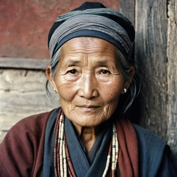 A Tibetan elderly woman 70 years old in traditional garments gazes warmly, showcasing wisdom and resilience against a backdrop of aged wood and rustic colors that reflect her heritage. Generative AI.