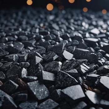 Intricate patterns of dark granite chips, illuminated by subtle lighting that creates a calm and elegant atmosphere. The black crushed mineral sparkles. Bokeh or drops. Generative AI.