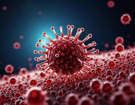 A vivid visualization of HIV, showcasing multiple virus particles. The intricate structures are highlighted against dark background, emphasizing their complexity. Virology as a science. Generative AI.