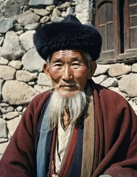A traditional elderly Tibetan man 70 years old with a distinct features poses against a rustic background, reflecting his rich cultural identity and heritage. Wise serious direct gaze. Generative AI.