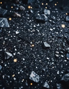 Intricate patterns of dark granite chips, illuminated by subtle lighting that creates a calm and elegant atmosphere. The black crushed mineral sparkles. Bokeh or drops. Generative AI.
