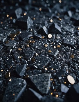 Intricate patterns of dark granite chips, illuminated by subtle lighting that creates a calm and elegant atmosphere. The black crushed mineral sparkles. Bokeh or drops. Generative AI.