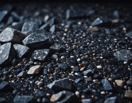 Intricate patterns of dark granite chips, illuminated by subtle lighting that creates a calm and elegant atmosphere. The black crushed mineral sparkles. Bokeh or drops. Generative AI.
