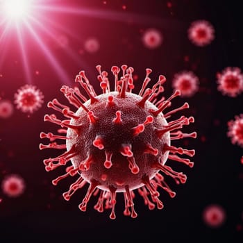 A vivid visualization of HIV, showcasing multiple virus particles. The intricate structures are highlighted against dark background, emphasizing their complexity. Virology as a science. Generative AI.
