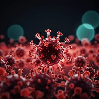 A vivid visualization of HIV, showcasing multiple virus particles. The intricate structures are highlighted against dark background, emphasizing their complexity. Virology as a science. Generative AI.