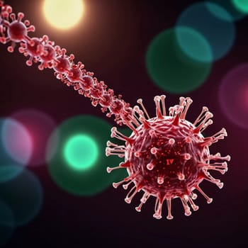 A vivid visualization of HIV, showcasing multiple virus particles. The intricate structures are highlighted against dark background, emphasizing their complexity. Virology as a science. Generative AI.
