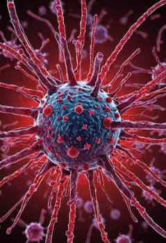 A vivid visualization of HIV, showcasing multiple virus particles. The intricate structures are highlighted against dark background, emphasizing their complexity. Virology as a science. Generative AI.