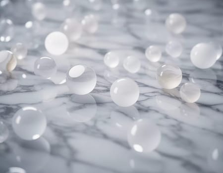 Translucent glass spheres are positioned across a glossy marble surface reflecting light and creating a captivating play of textures and shadows in the environment. Abstract background. Generative AI.