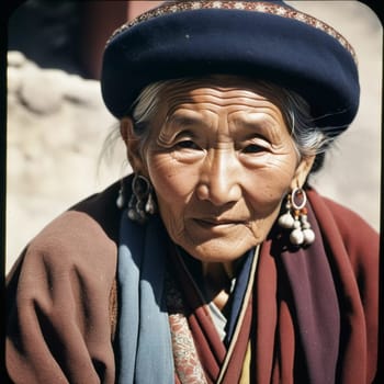 A Tibetan elderly woman 70 years old in traditional garments gazes warmly, showcasing wisdom and resilience against a backdrop of aged wood and rustic colors that reflect her heritage. Generative AI.