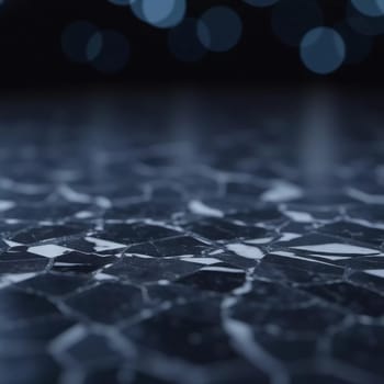 Intricate patterns of dark granite chips, illuminated by subtle lighting that creates a calm and elegant atmosphere. The black crushed mineral sparkles. Bokeh or drops. Generative AI.