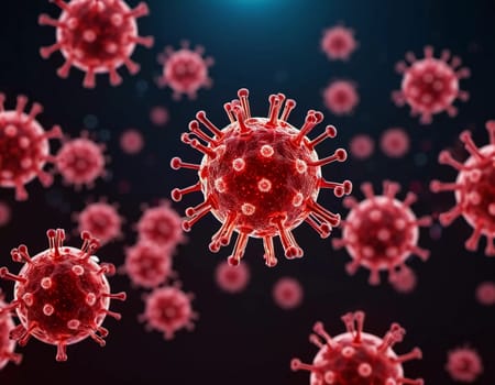 A vivid visualization of HIV, showcasing multiple virus particles. The intricate structures are highlighted against dark background, emphasizing their complexity. Virology as a science. Generative AI.